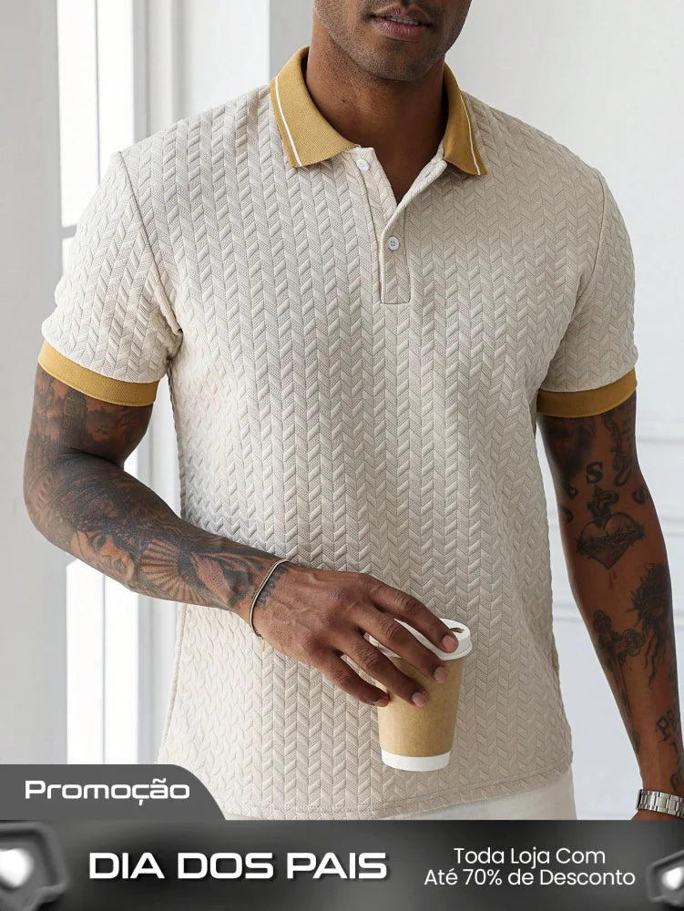 Camisa Polo Masculina Trama Relevante Gola Estilizada Damasco / PP Camisa Polo Masculina Trama Relevante Gola Estilizada