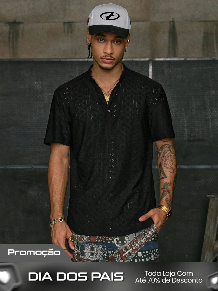 Camiseta Masculina Gola Padre Textura Rendada Preto / PP Camiseta Masculina Gola Padre Textura Rendada