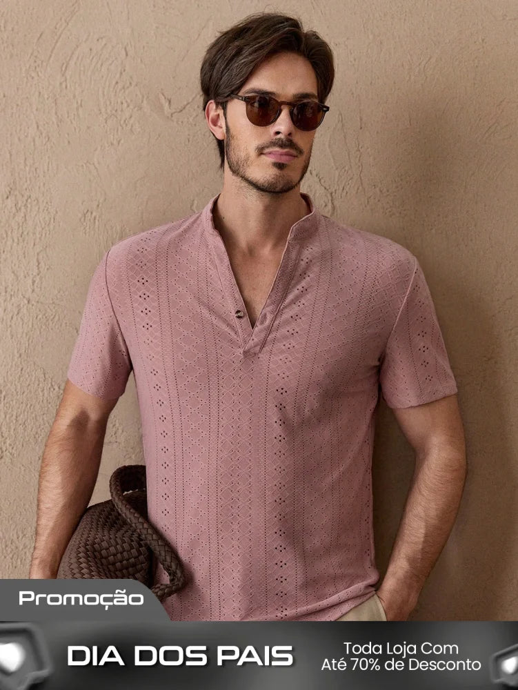 Camiseta Masculina Gola Padre Textura Rendada Rosa / PP Camiseta Masculina Gola Padre Textura Rendada