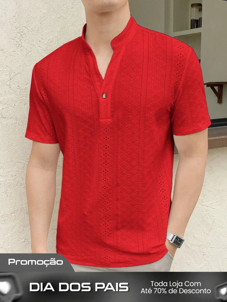 Camiseta Masculina Gola Padre Textura Rendada Vermelho / PP Camiseta Masculina Gola Padre Textura Rendada