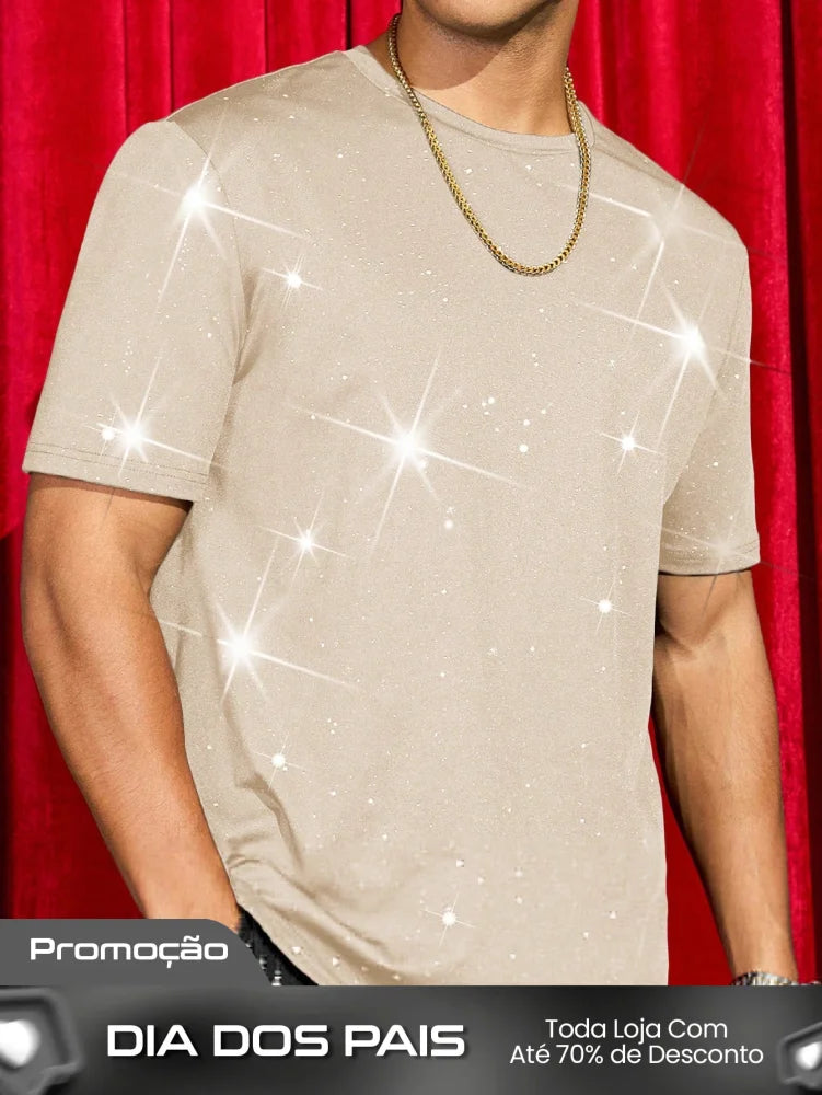 Camiseta Masculina Slim Estampa De Estrelas Brilho Damasco / PP Camiseta Masculina Slim Estampa De Estrelas Brilho