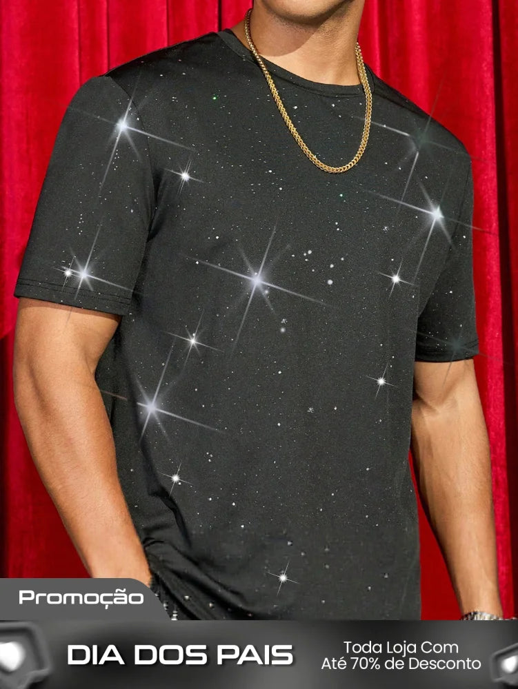 Camiseta Masculina Slim Estampa De Estrelas Brilho Preto / PP Camiseta Masculina Slim Estampa De Estrelas Brilho