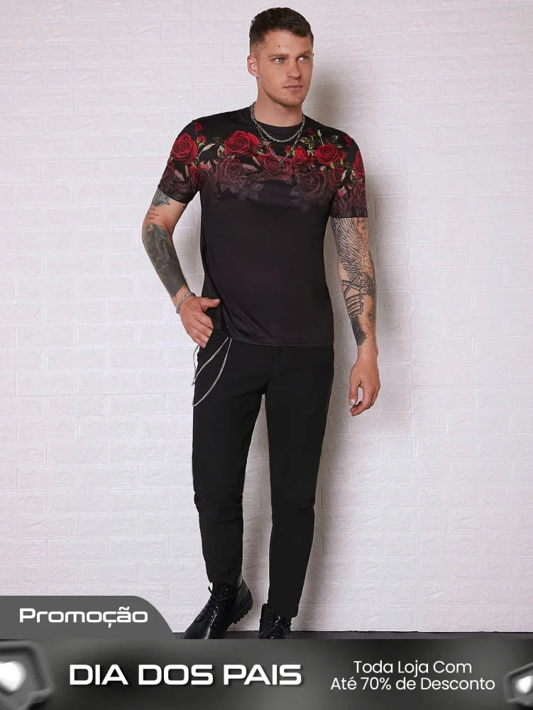 Camiseta Masculina Slim Estampa De Rosas Vermelhas Camiseta Masculina Slim Estampa De Rosas Vermelhas