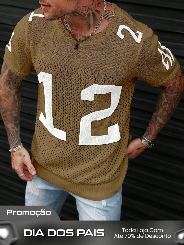 Camiseta Masculina Tricotada Número Estilo Vintage Bronze / PP Camiseta Masculina Tricotada Número Estilo Vintage