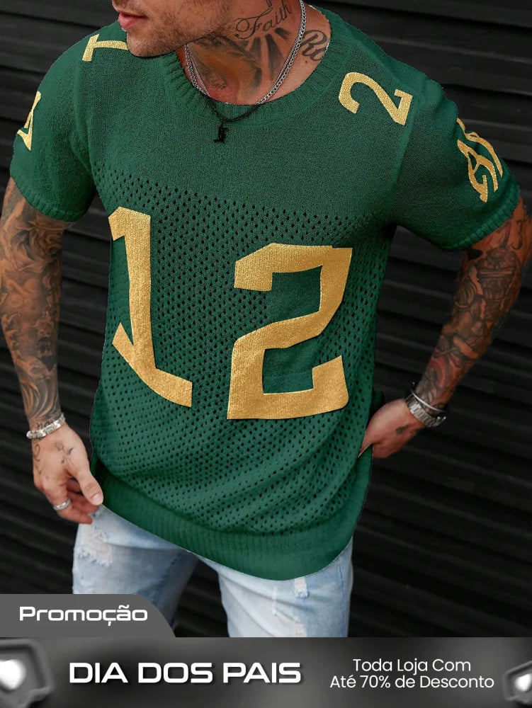 Camiseta Masculina Tricotada Número Estilo Vintage Verde Escuro / PP Camiseta Masculina Tricotada Número Estilo Vintage