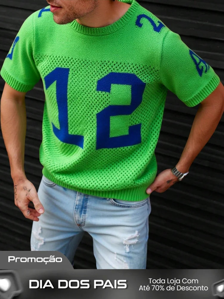 Camiseta Masculina Tricotada Número Estilo Vintage Verde / PP Camiseta Masculina Tricotada Número Estilo Vintage