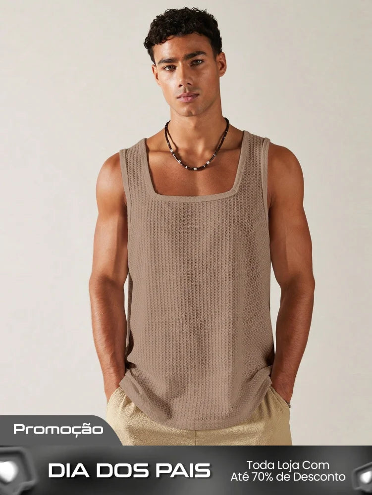 Camiseta Regata Masculina Decote Quadrado Estilo Casual Castanho / PP Camiseta Regata Masculina Decote Quadrado Estilo