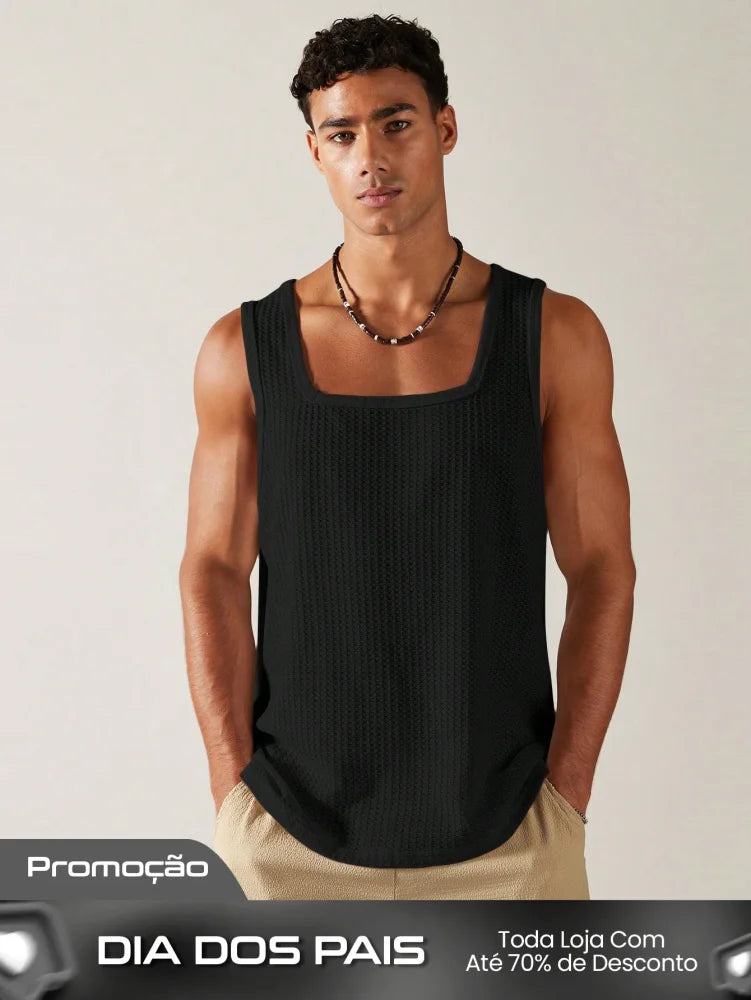 Camiseta Regata Masculina Decote Quadrado Estilo Casual Preto / PP Camiseta Regata Masculina Decote Quadrado Estilo