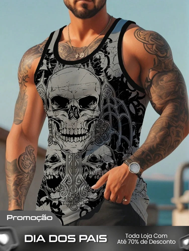 Camiseta Regata Masculina Estampa De Caveira Gola Redonda Cinza / PP Camiseta Regata Masculina Estampa De Caveira Gola