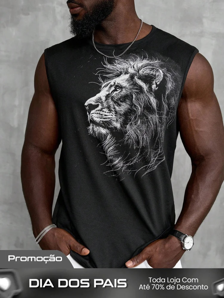 Camiseta Regata Masculina Estampa De Leão Gola Redonda Preto / PP Camiseta Regata Masculina Estampa De Leão Gola Redonda