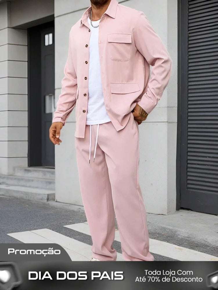 Conjunto Masculino Camisa Com Bolsos E Calça Moderna Casual Rosa / PP Conjunto Masculino Camisa Com Bolsos E Calça