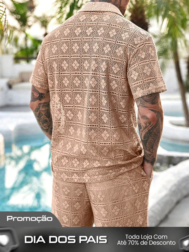 Conjunto Masculino Camisa Com Recortes E Shorts Estilo Casual Conjunto Masculino Camisa Com Recortes E Shorts Estilo