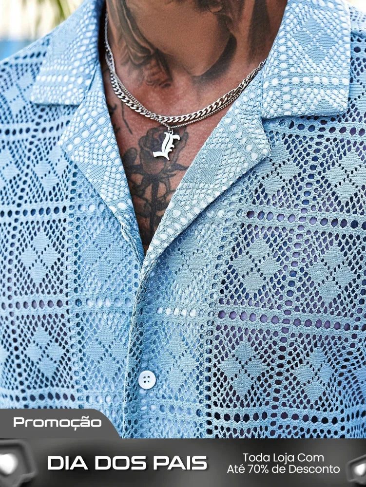 Conjunto Masculino Camisa Com Recortes E Shorts Estilo Casual Conjunto Masculino Camisa Com Recortes E Shorts Estilo