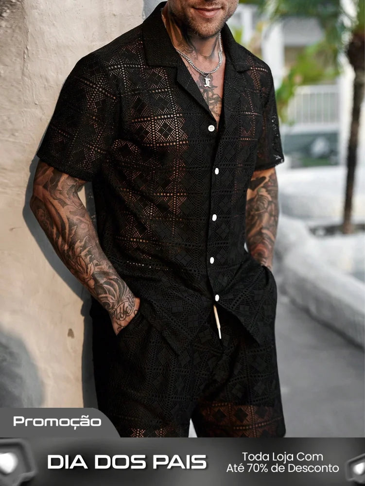 Conjunto Masculino Camisa Com Recortes E Shorts Estilo Casual Conjunto Masculino Camisa Com Recortes E Shorts Estilo