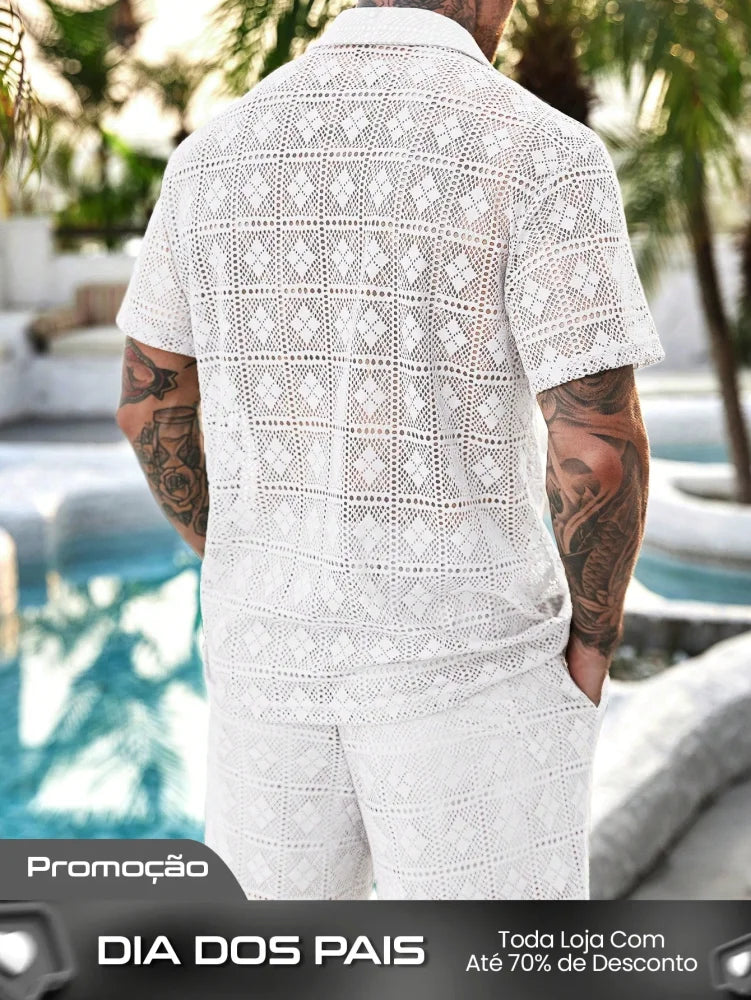Conjunto Masculino Camisa Com Recortes E Shorts Estilo Casual Conjunto Masculino Camisa Com Recortes E Shorts Estilo