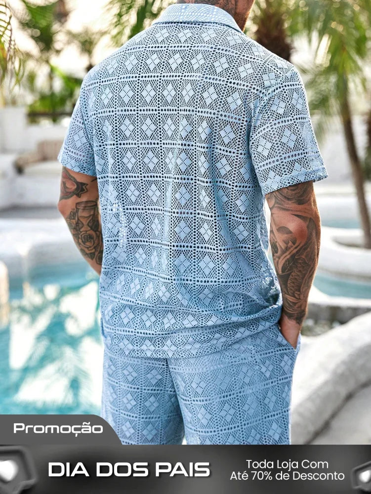 Conjunto Masculino Camisa Com Recortes E Shorts Estilo Casual Conjunto Masculino Camisa Com Recortes E Shorts Estilo