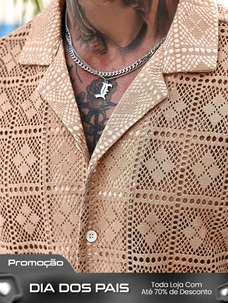 Conjunto Masculino Camisa Com Recortes E Shorts Estilo Casual Conjunto Masculino Camisa Com Recortes E Shorts Estilo