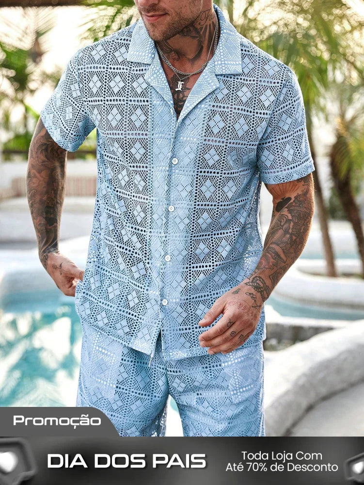 Conjunto Masculino Camisa Com Recortes E Shorts Estilo Casual Conjunto Masculino Camisa Com Recortes E Shorts Estilo