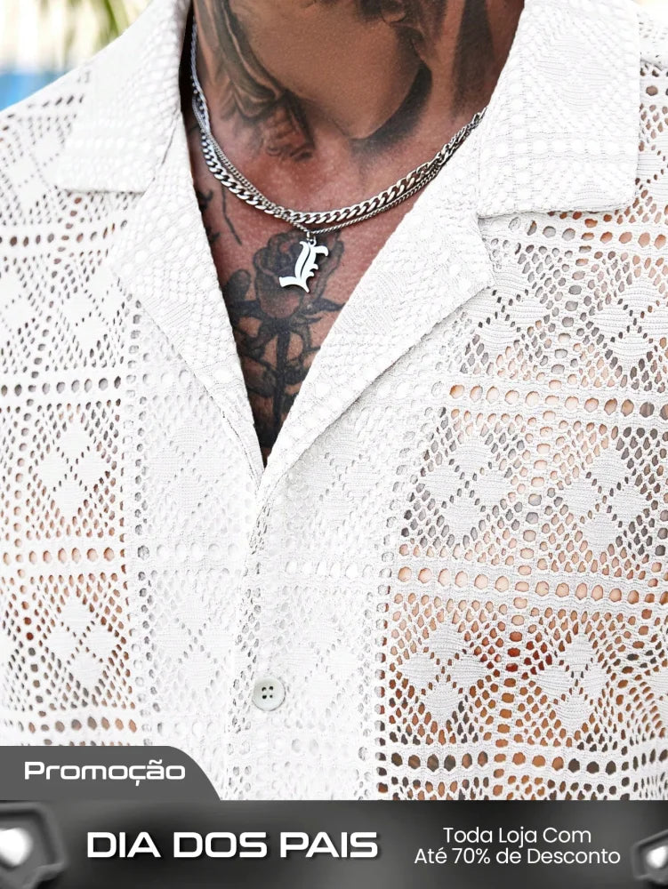 Conjunto Masculino Camisa Com Recortes E Shorts Estilo Casual Conjunto Masculino Camisa Com Recortes E Shorts Estilo