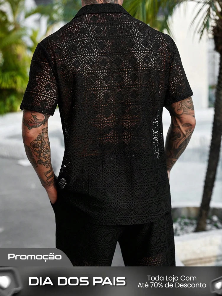 Conjunto Masculino Camisa Com Recortes E Shorts Estilo Casual Conjunto Masculino Camisa Com Recortes E Shorts Estilo