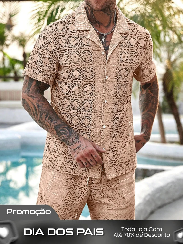 Conjunto Masculino Camisa Com Recortes E Shorts Estilo Casual Conjunto Masculino Camisa Com Recortes E Shorts Estilo