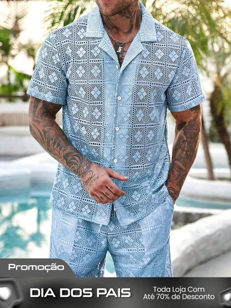 Conjunto Masculino Camisa Com Recortes E Shorts Estilo Casual Azul Bebê / PP Conjunto Masculino Camisa Com Recortes E