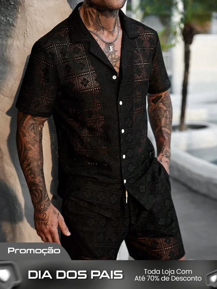 Conjunto Masculino Camisa Com Recortes E Shorts Estilo Casual Preto / PP Conjunto Masculino Camisa Com Recortes E