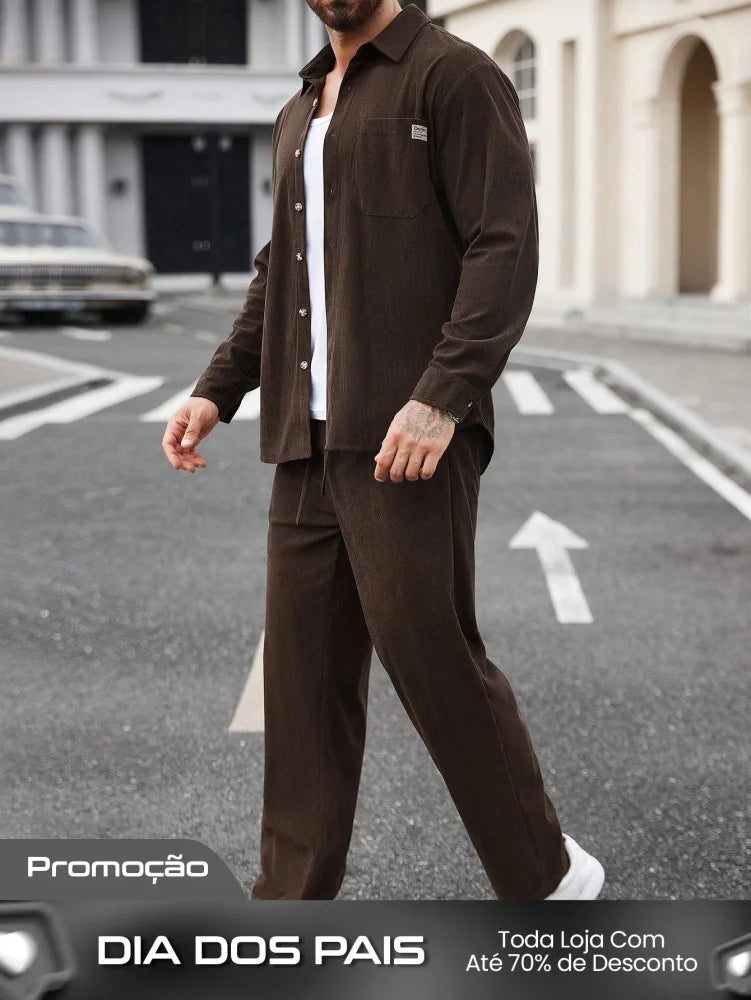 Conjunto Masculino Camisa E Calça De Veludo Cotelê Casual Conjunto Masculino Camisa E Calça De Veludo Cotelê Casual