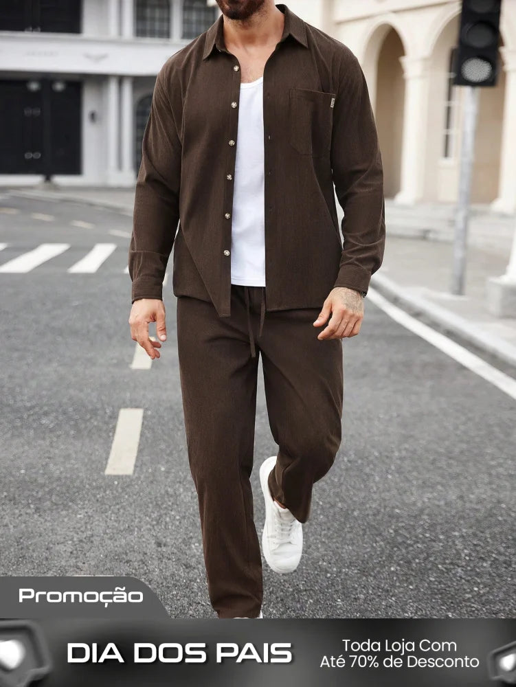 Conjunto Masculino Camisa E Calça De Veludo Cotelê Casual Conjunto Masculino Camisa E Calça De Veludo Cotelê Casual