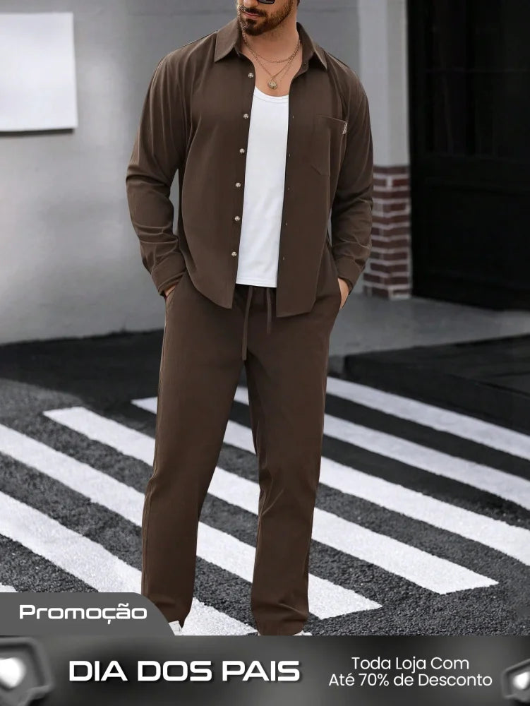 Conjunto Masculino Camisa E Calça De Veludo Cotelê Casual Marrom / PP Conjunto Masculino Camisa E Calça De Veludo