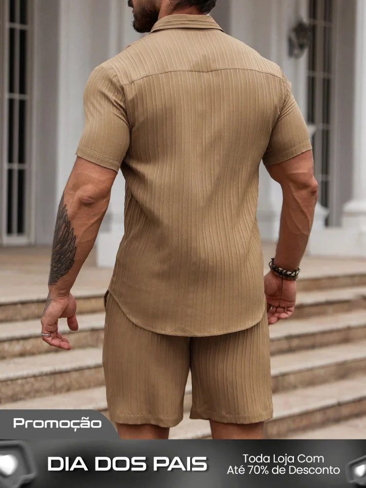 Conjunto Masculino Camisa Listrada E Shorts Modelagem Reta Conjunto Masculino Camisa Listrada E Shorts Modelagem Reta