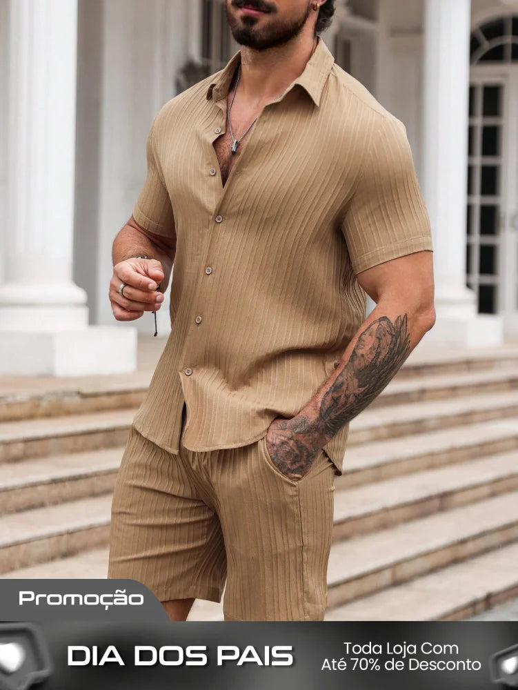 Conjunto Masculino Camisa Listrada E Shorts Modelagem Reta Damasco / PP Conjunto Masculino Camisa Listrada E Shorts