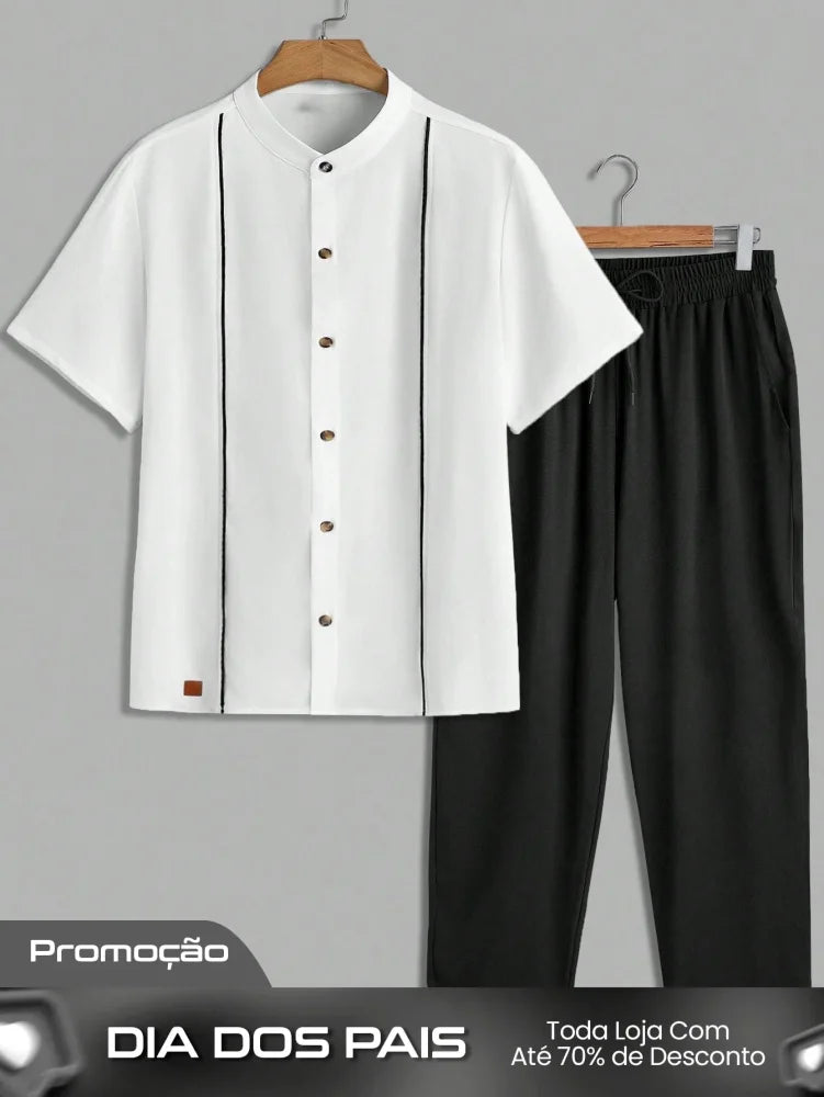 Conjunto Masculino Camisa Manga Curta E Calça Casual Versátil Conjunto Masculino Camisa Manga Curta E Calça Casual