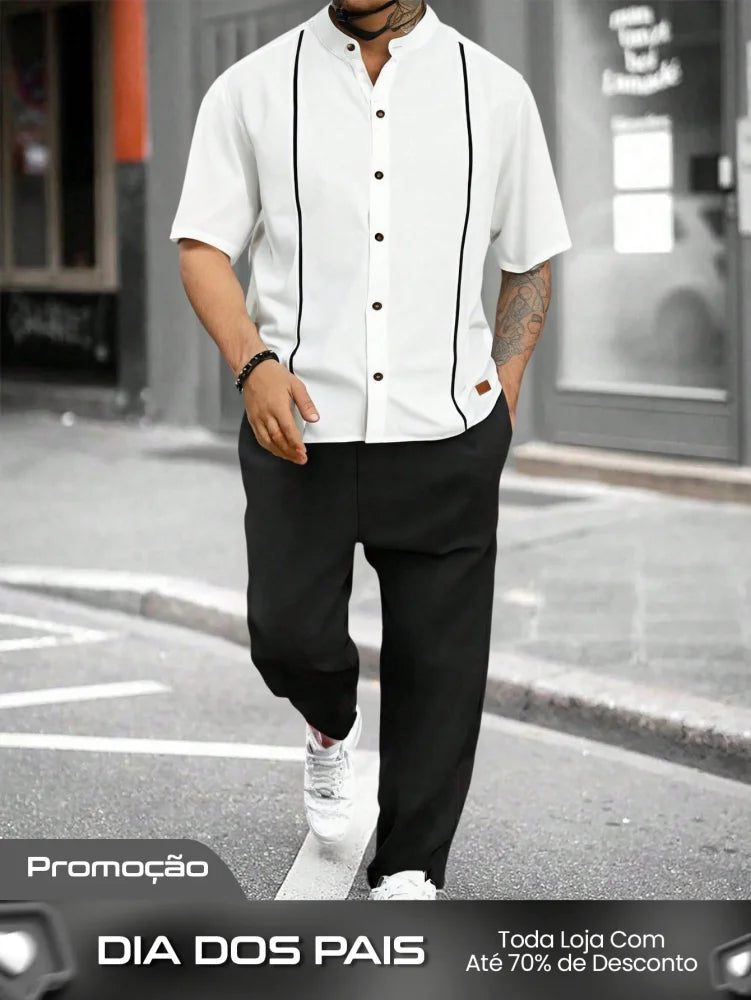 Conjunto Masculino Camisa Manga Curta E Calça Casual Versátil Preto / PP Conjunto Masculino Camisa Manga Curta E Calça