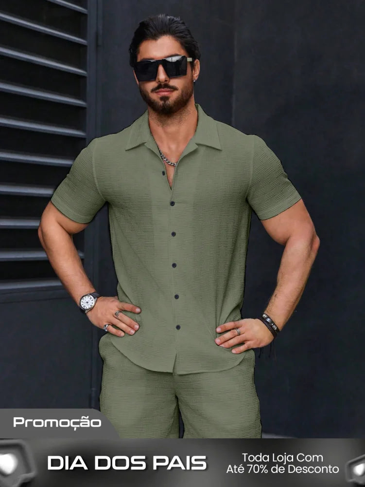 Conjunto Masculino Camisa Manga Curta E Shorts Estilo Casual Conjunto Masculino Camisa Manga Curta E Shorts Estilo