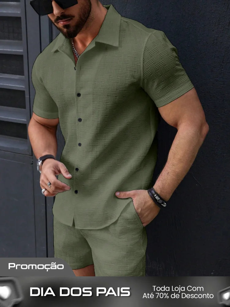 Conjunto Masculino Camisa Manga Curta E Shorts Estilo Casual Verde Militar / PP Conjunto Masculino Camisa Manga Curta E