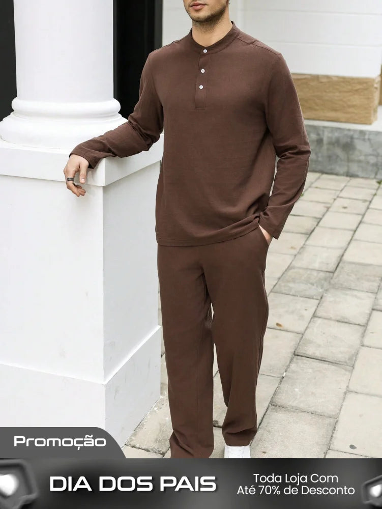 Conjunto Masculino Camisa Manga Longa E Calça Ajustável Casual Conjunto Masculino Camisa Manga Longa E Calça Ajustável