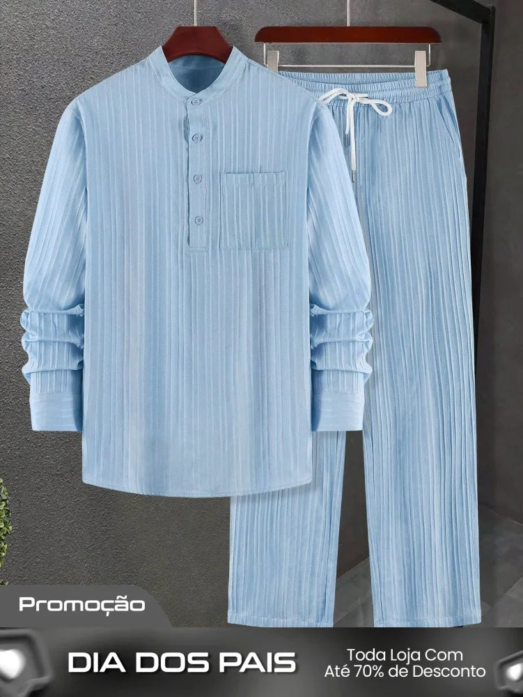 Conjunto Masculino Camisa Manga Longa E Calça Leve Ajustada Azul Bebê / PP Conjunto Masculino Camisa Manga Longa E