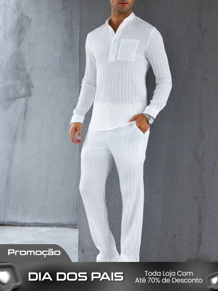 Conjunto Masculino Camisa Manga Longa E Calça Leve Ajustada Branco / PP Conjunto Masculino Camisa Manga Longa E Calça