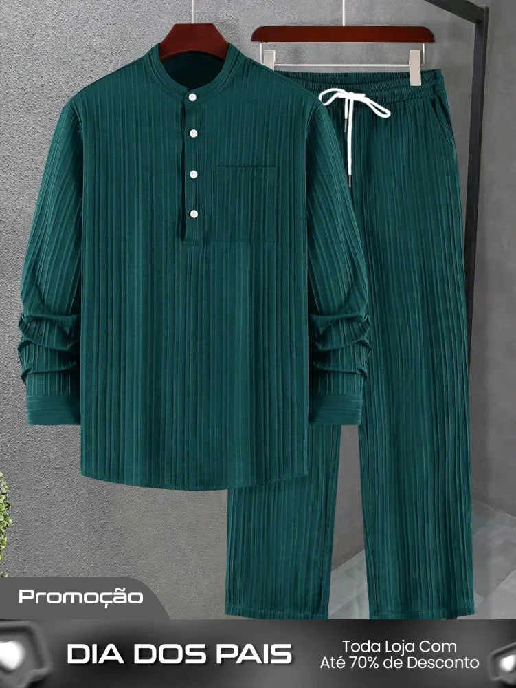 Conjunto Masculino Camisa Manga Longa E Calça Leve Ajustada Verde Escuro / PP Conjunto Masculino Camisa Manga Longa E