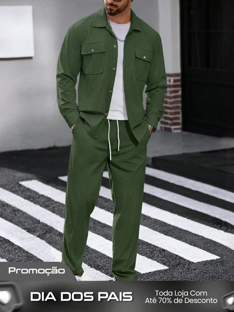 Conjunto Masculino Camisa Workwear E Calça De Veludo Cotelê Verde Escuro / PP Conjunto Masculino Camisa Workwear E