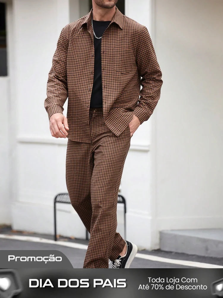 Conjunto Masculino Camisa Xadrez E Calça Estilo Outonal Conjunto Masculino Camisa Xadrez E Calça Estilo Outonal
