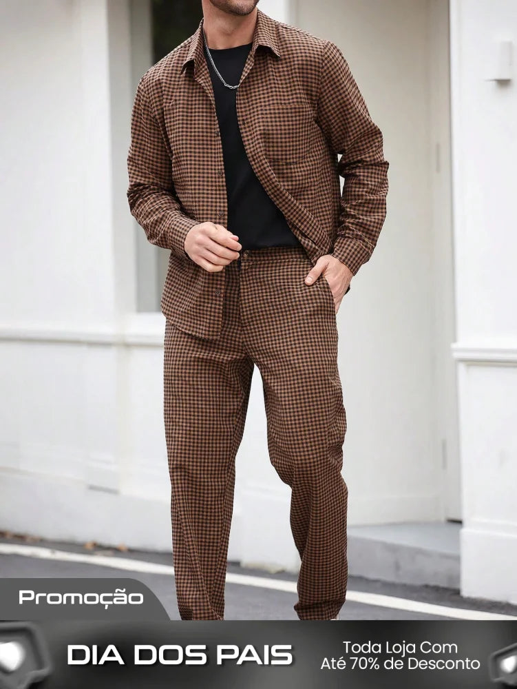 Conjunto Masculino Camisa Xadrez E Calça Estilo Outonal Marrom / PP Conjunto Masculino Camisa Xadrez E Calça Estilo