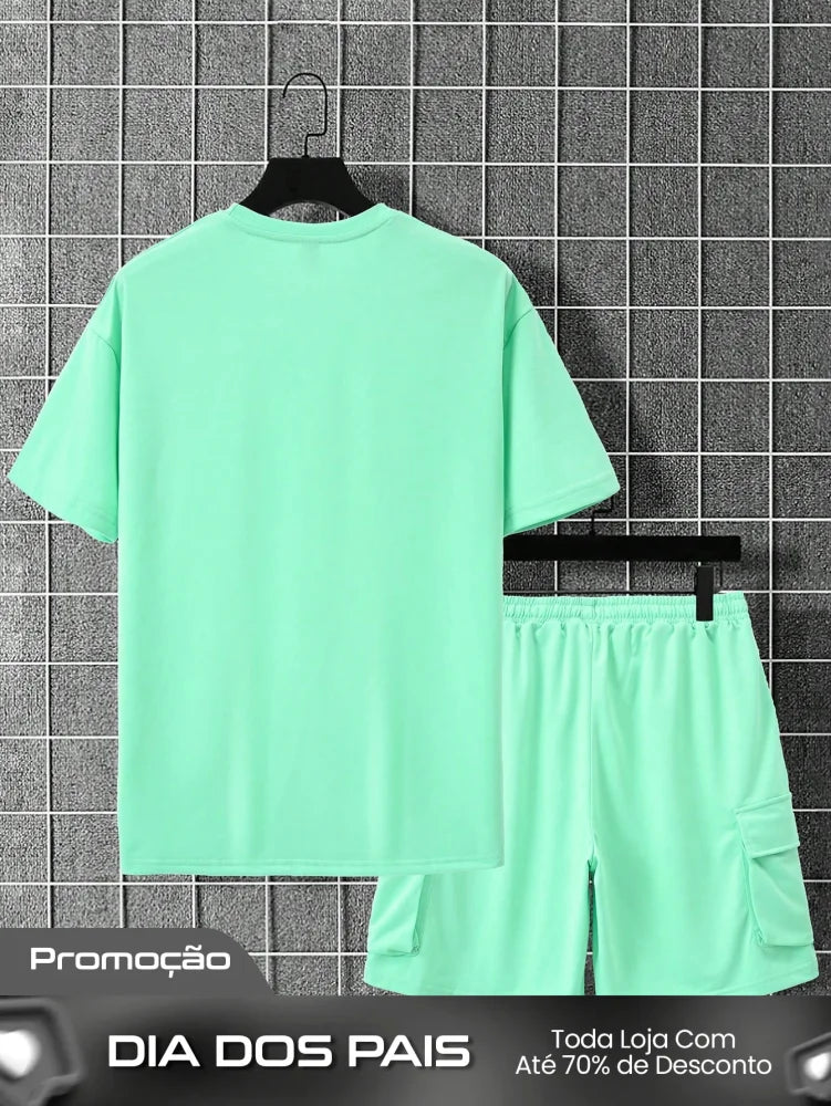 Conjunto Masculino Camiseta Ombro Caído E Shorts Estilo Solto Conjunto Masculino Camiseta Ombro Caído E Shorts Estilo