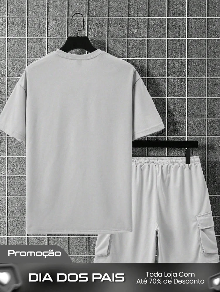 Conjunto Masculino Camiseta Ombro Caído E Shorts Estilo Solto Conjunto Masculino Camiseta Ombro Caído E Shorts Estilo