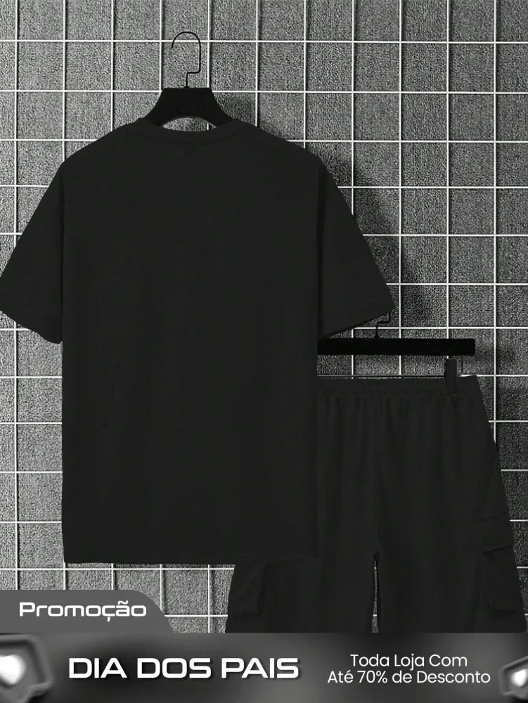 Conjunto Masculino Camiseta Ombro Caído E Shorts Estilo Solto Conjunto Masculino Camiseta Ombro Caído E Shorts Estilo