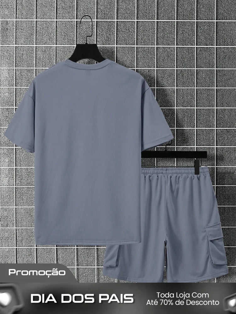 Conjunto Masculino Camiseta Ombro Caído E Shorts Estilo Solto Conjunto Masculino Camiseta Ombro Caído E Shorts Estilo