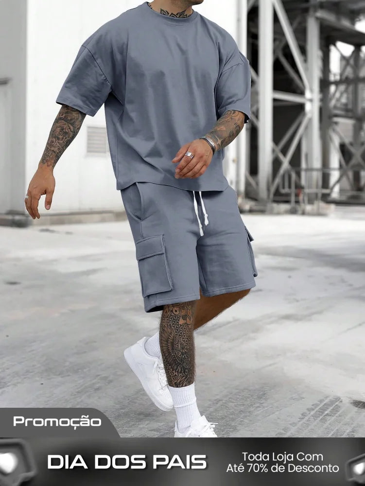 Conjunto Masculino Camiseta Ombro Caído E Shorts Estilo Solto Azul Petróleo / PP Conjunto Masculino Camiseta Ombro