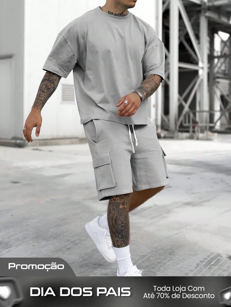 Conjunto Masculino Camiseta Ombro Caído E Shorts Estilo Solto Cinza / PP Conjunto Masculino Camiseta Ombro Caído E