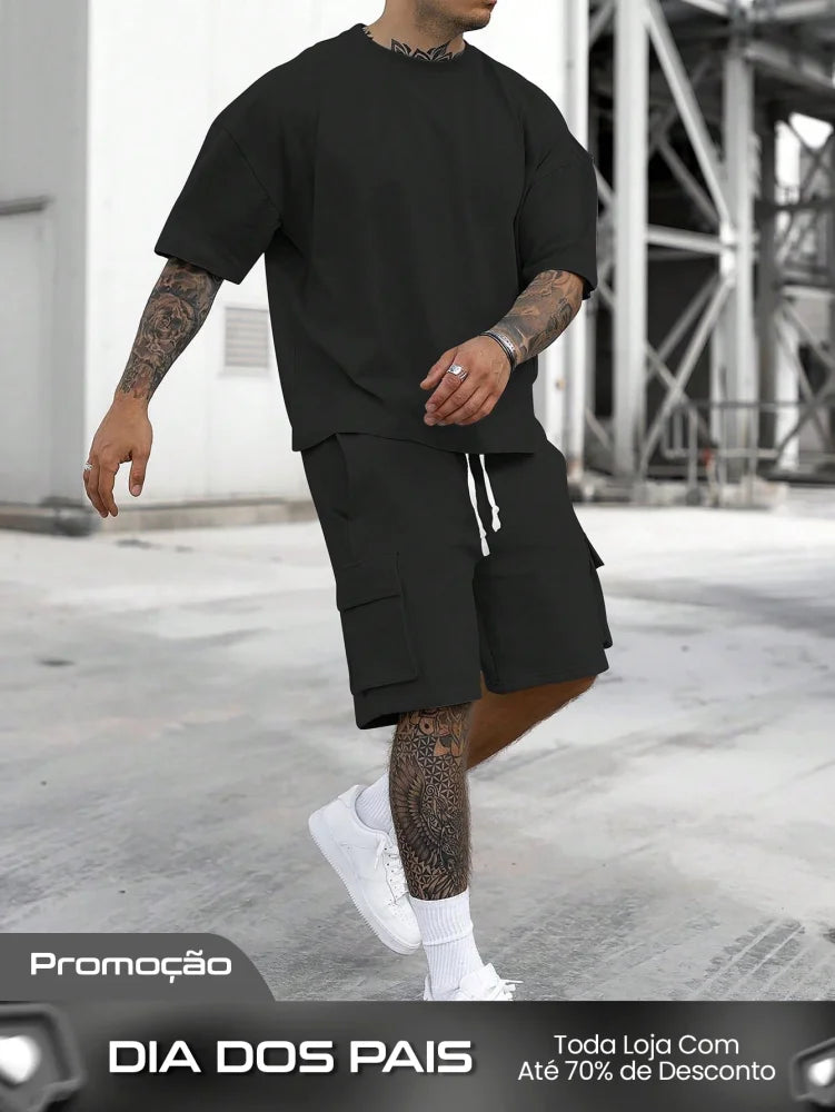 Conjunto Masculino Camiseta Ombro Caído E Shorts Estilo Solto Preto / PP Conjunto Masculino Camiseta Ombro Caído E